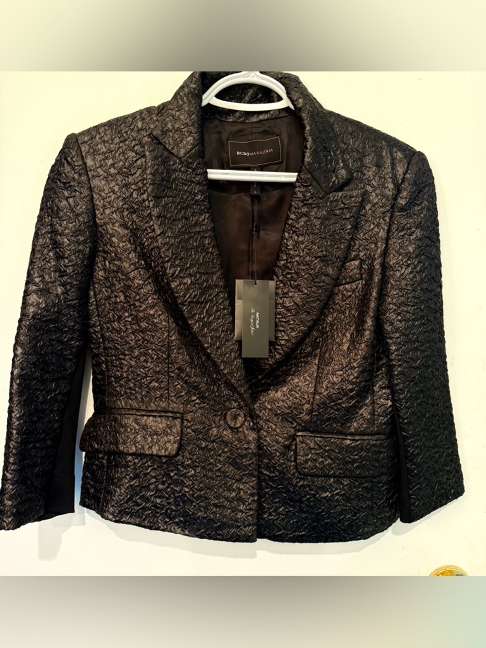 BCBG MaxAzria Black Textured satin cropped blazer/evening jacket, S 4/6 NWT